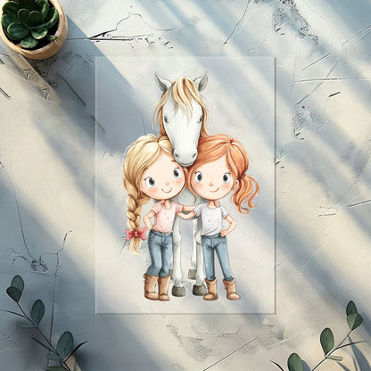 Pferde Mädchen Bügelbild „Beste Freundinnen & Pferd“ | DTF Transfer für Kleidung & Accessoires