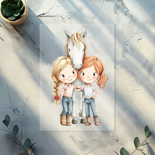 Pferde Mädchen Bügelbild „Beste Freundinnen & Pferd“ | DTF Transfer für Kleidung & Accessoires