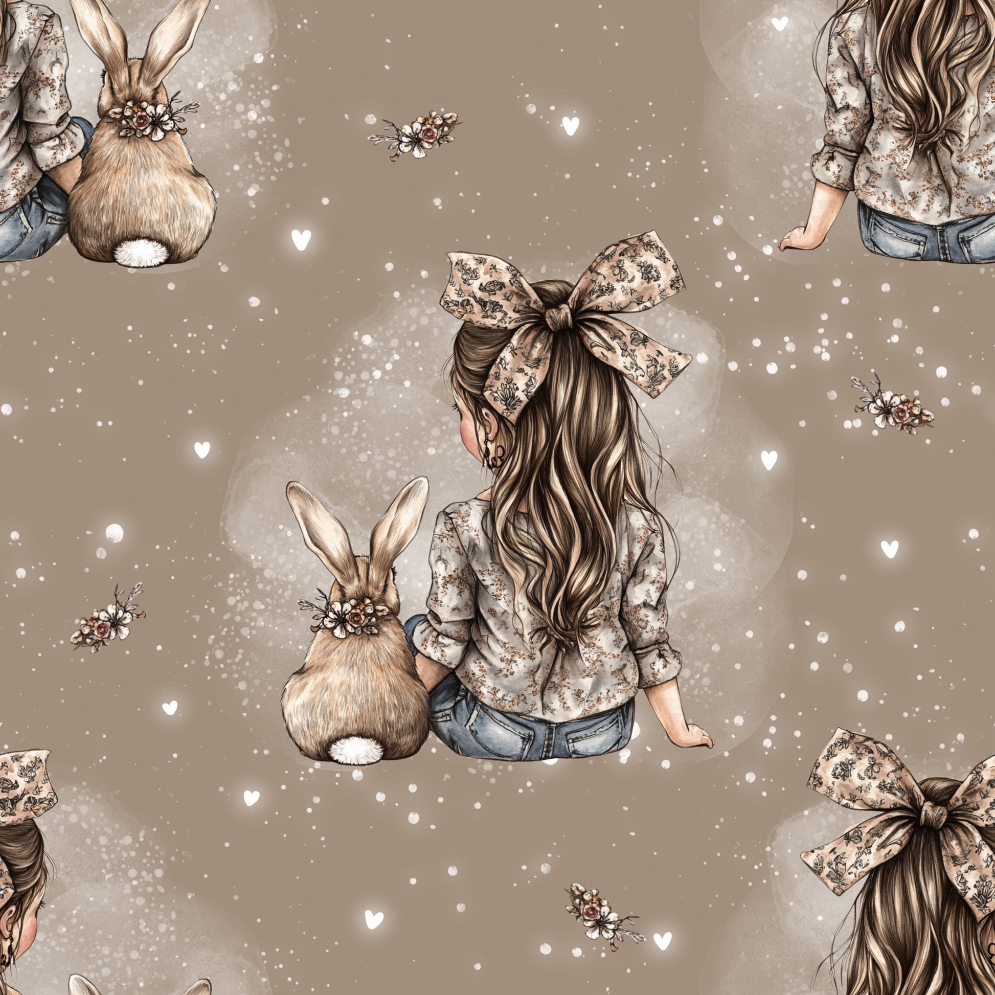 Mädchen sitzt mit Hase in Taupe-Hintergrund, Boho-Stoffdesign „Bunny & Me“, erhältlich als Jersey, French Terry und Rib Jersey.