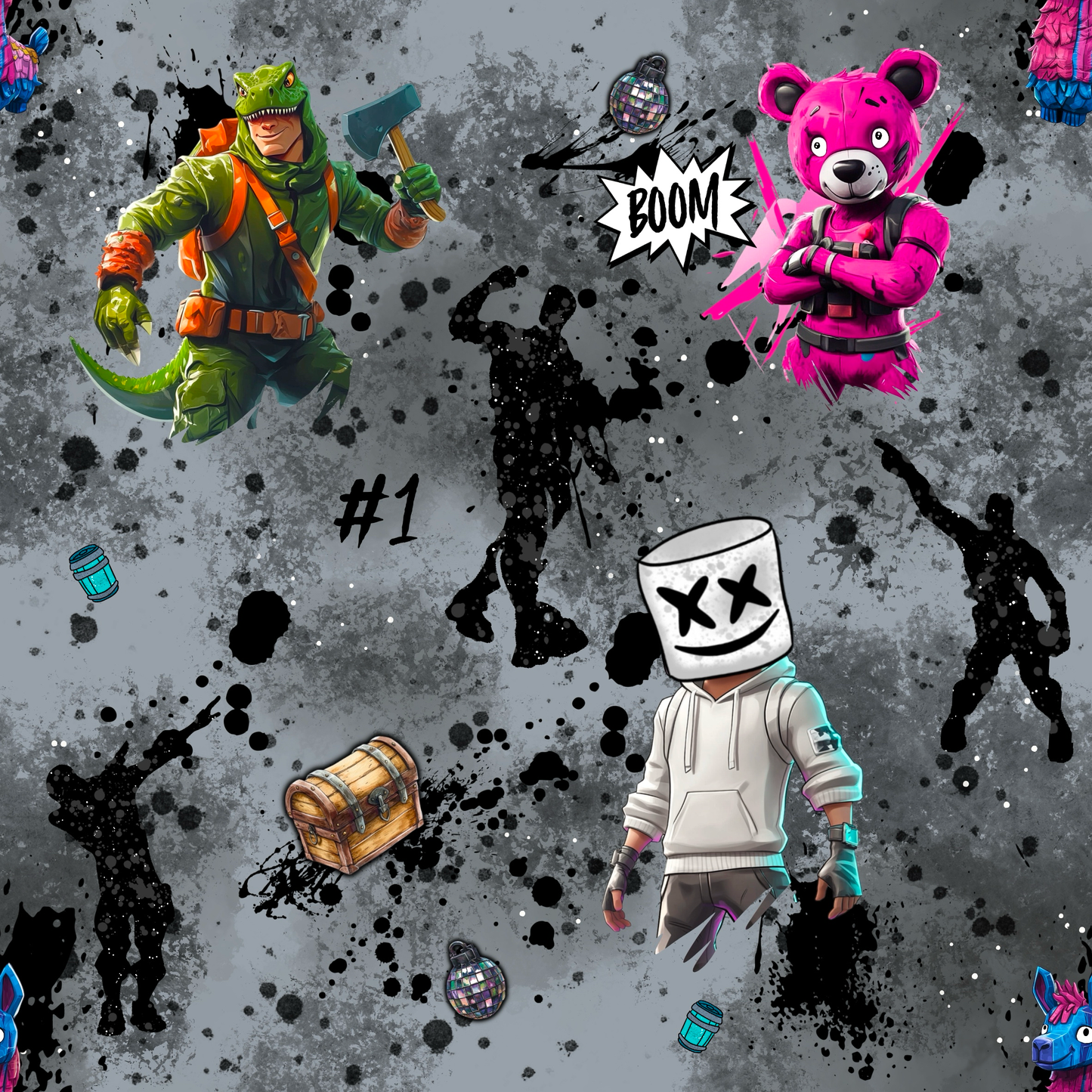 Fortnite Stoffdesign – cooler Gaming Stoff mit Charakteren, Grausplatter-Hintergrund und Emotes – French Terry oder Jersey Meterware für Kinder und Teenager Kleidung“