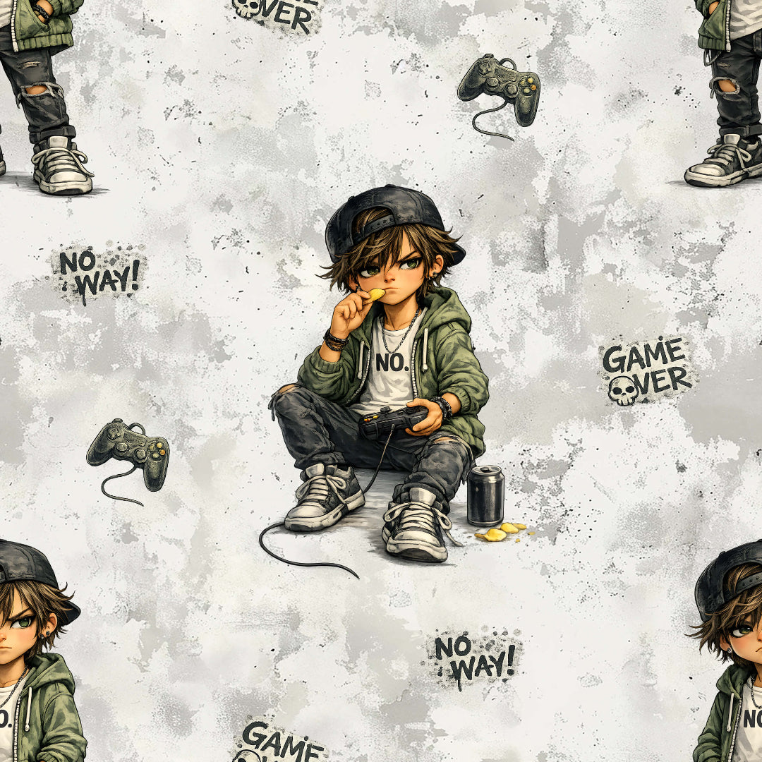 Kinderstoff Gamer Boy als Jersey Meterware mit cooles Jungen Motiv, Game Over und No Way Schriftzug, modernes Gaming Design für Kinderkleidung