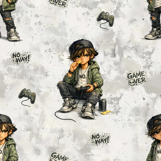Kinderstoff Gamer Boy als Jersey Meterware mit cooles Jungen Motiv, Game Over und No Way Schriftzug, modernes Gaming Design für Kinderkleidung