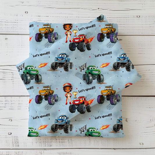 Monster Trucks Kinderstoff blau – Bio Jersey oder French Terry Meterware für Kleidung & DIY