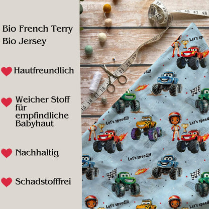 Monster Trucks Kinderstoff in Bio-Qualität – Jersey oder French Terry mit Vorteilen für Babyhaut