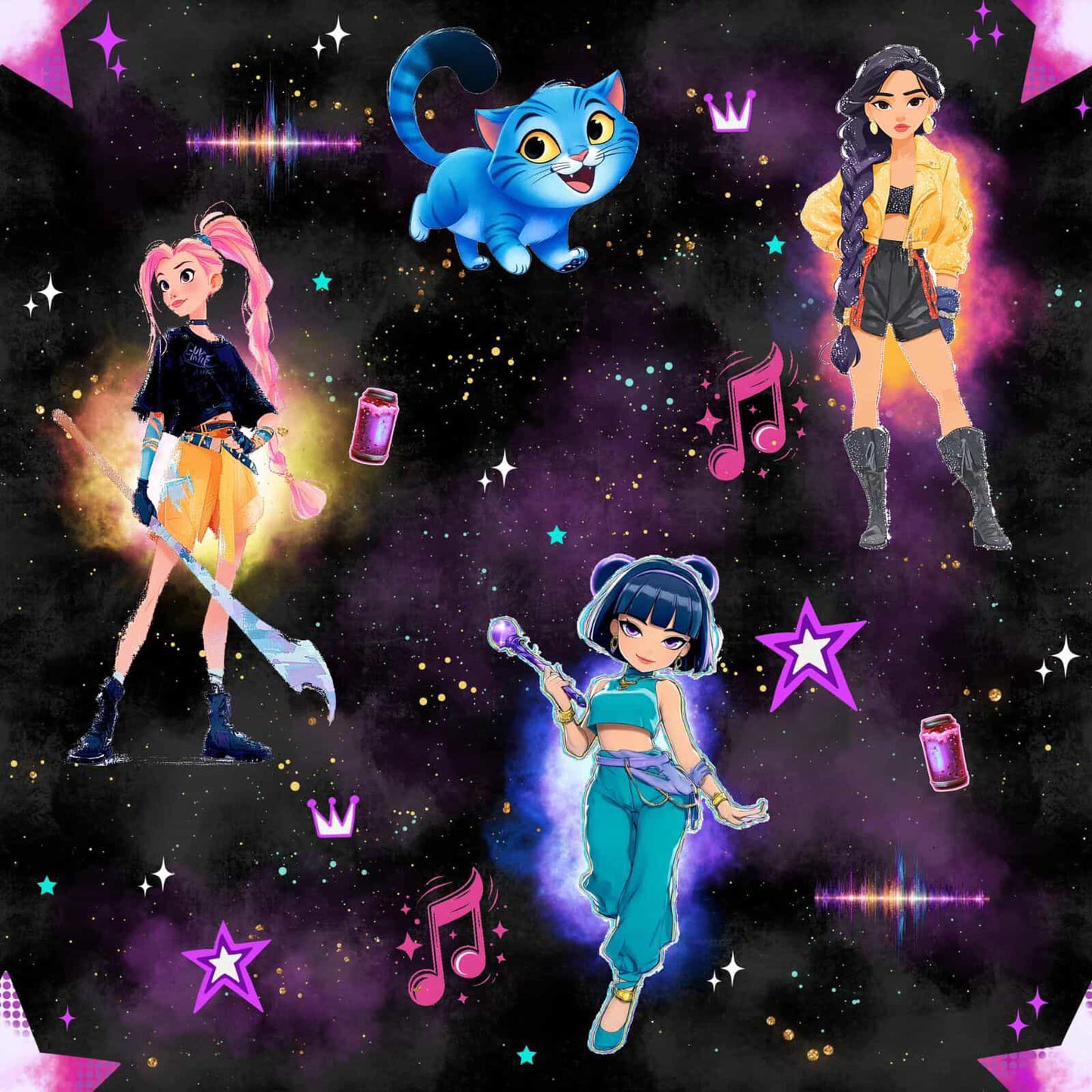 k-pop demon hunters Stoffdesign – dunkler Stoff mit Mädchenfiguren, Katze, Sternen und Neonfarben – French Terry oder Jersey Meterware für Kinderkleidung