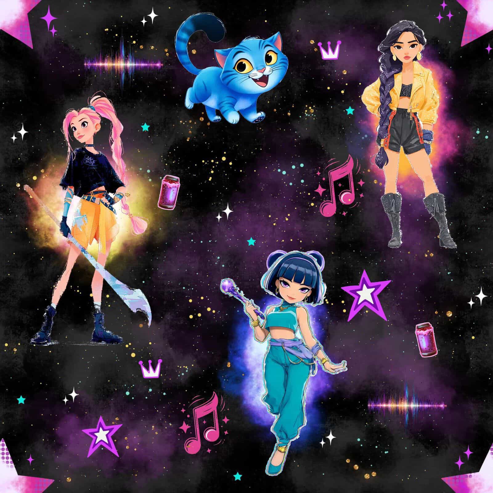 k-pop demon hunters Stoffdesign – dunkler Stoff mit Mädchenfiguren, Katze, Sternen und Neonfarben – French Terry oder Jersey Meterware für Kinderkleidung