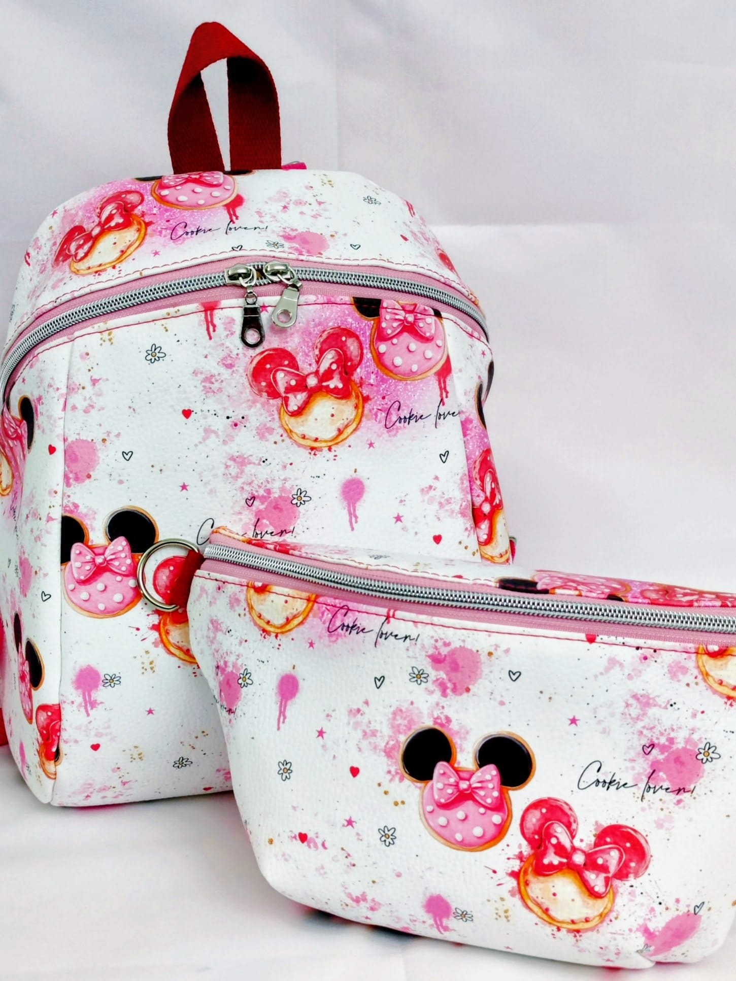 Handmade Kinder Rucksack und Bodybag Set aus Kunstleder mit süßem Maus Motiv und Schleifen, praktisches Kinder Accessoire Set mit Reißverschluss für Kindergarten und Alltag