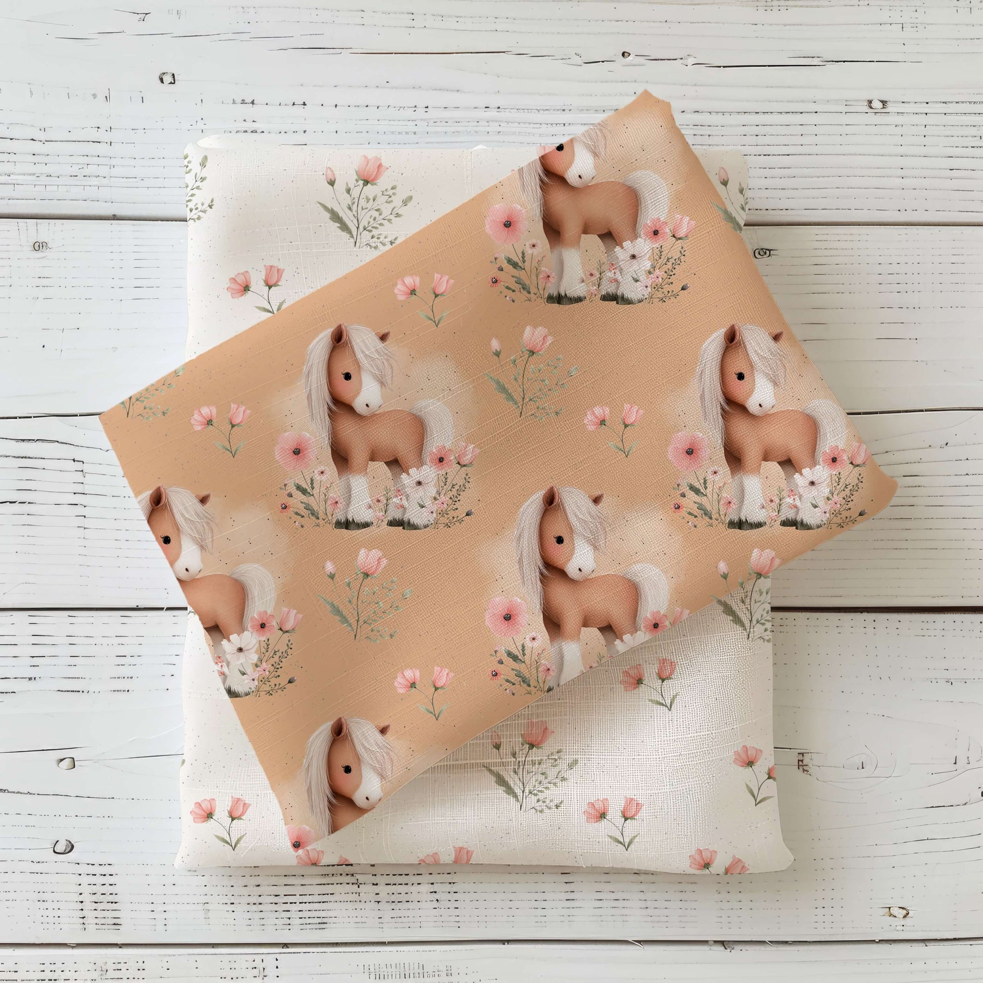 Kinderstoff Blütenpony mit Pony Motiv und Blumen auf warmem Hintergrund, Jersey French Terry und Rib Jersey Stoff Meterware für Baby und Kinderkleidung