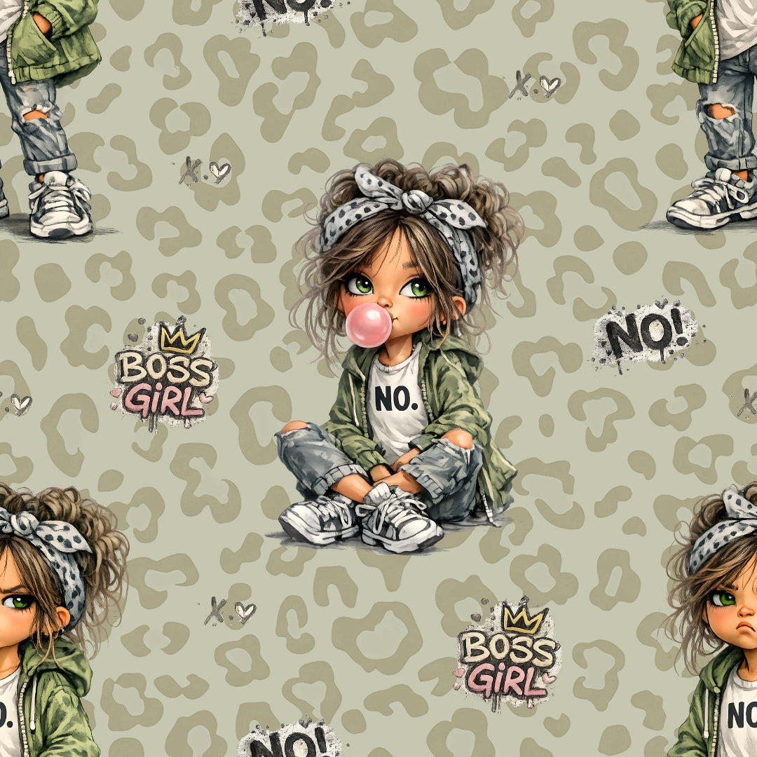Kinderstoff Boss Girl Leo Print mit frechem Mädchenmotiv und Schriftzug NO, moderner Jersey und French Terry Stoff als Meterware für trendige Kinderkleidung und Handmade Projekte