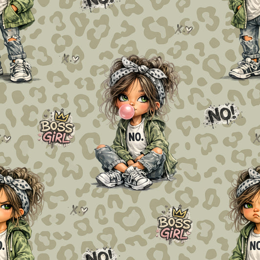 Kinderstoff Boss Girl Leo Print mit frechem Mädchenmotiv und Schriftzug NO, moderner Jersey und French Terry Stoff als Meterware für trendige Kinderkleidung und Handmade Projekte
