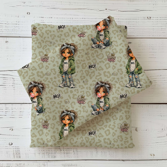 Kinderstoff mit Boss Girl Mädchen Motiv auf Leo Hintergrund, moderner Jersey und French Terry Stoff Meterware für Kinderkleidung mit trendigem Mädchenillustrationsdesign