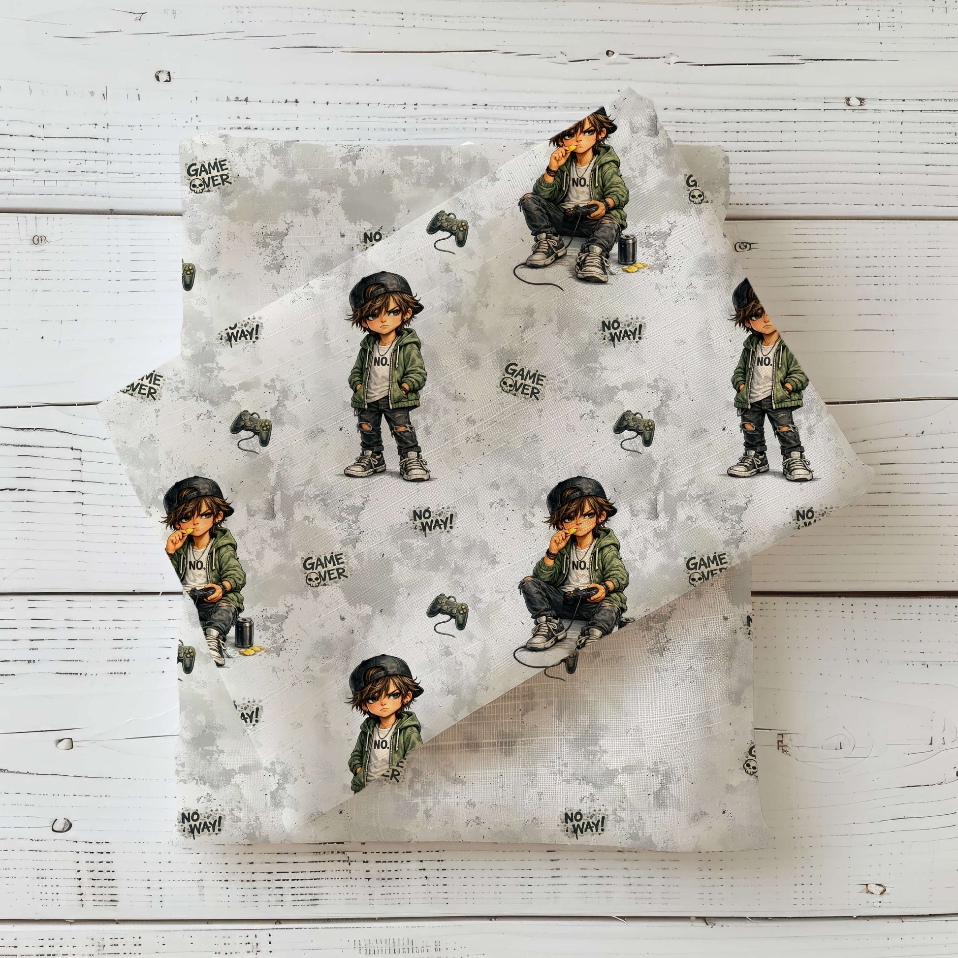 Jersey Kinderstoff mit Gamer Jungen Motiv, Game Over Print und Controller Design auf grauem Hintergrund als Meterware für Jungenkleidung