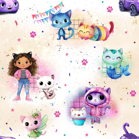 Kinderstoff mit bunten Katzen Cartoon Figuren und Mädchen Illustration, verspielter Jersey und French Terry Stoff Meterware für Baby und Kinderkleidung mit farbenfrohen Tiermotiven