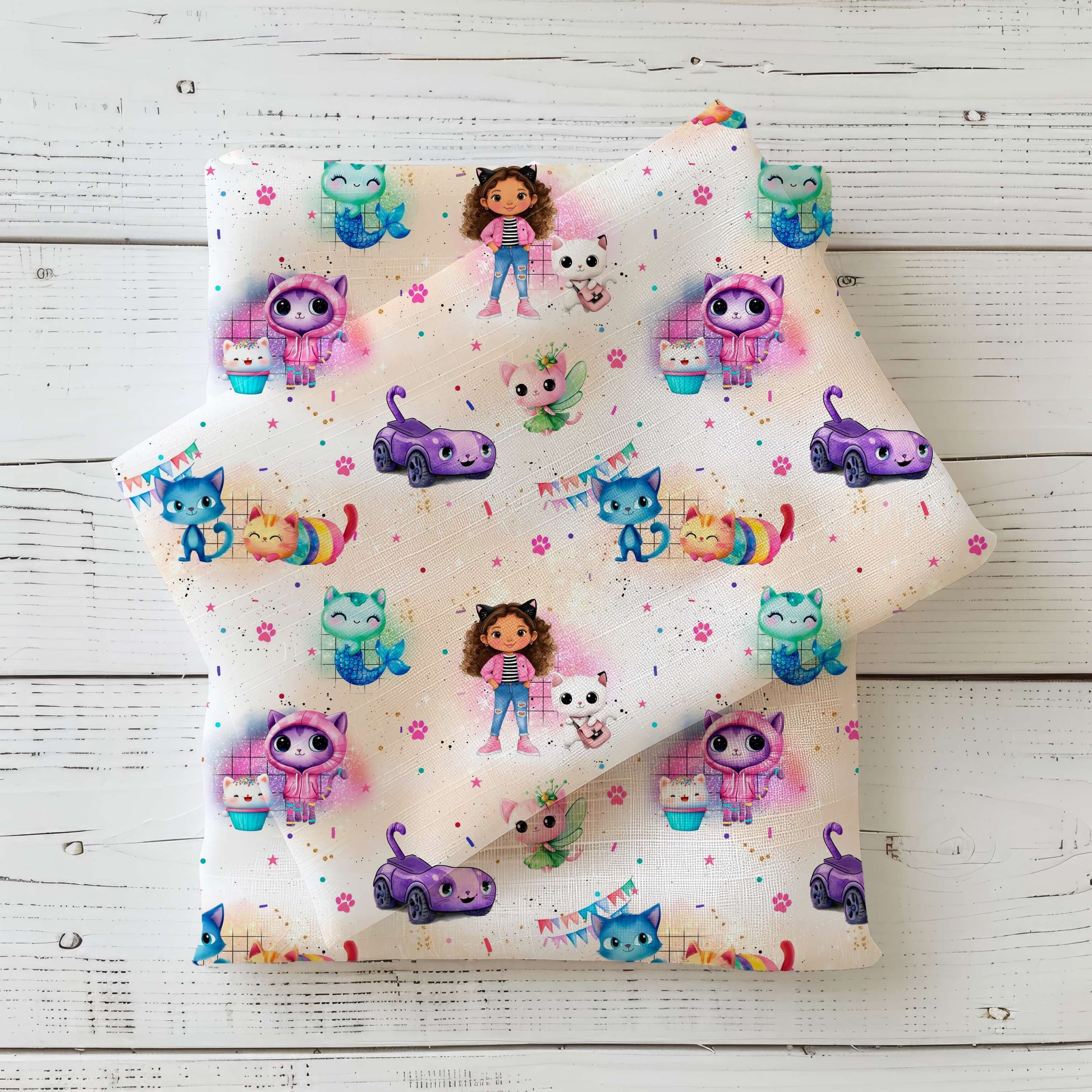 Kinderstoff mit bunten Katzen Cartoon Motiven und Mädchen Figuren, verspielter Jersey und French Terry Stoff Meterware für Baby und Kinderkleidung mit farbenfrohen Tierillustrationen