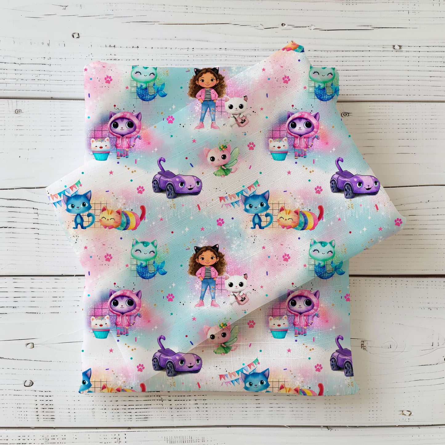 Kinderstoff mit bunten Katzen Cartoon Figuren und Mädchen Motiv, Jersey French Terry und Rib Jersey Stoff Meterware für Baby und Kinderkleidung mit farbenfrohen Tierillustrationen