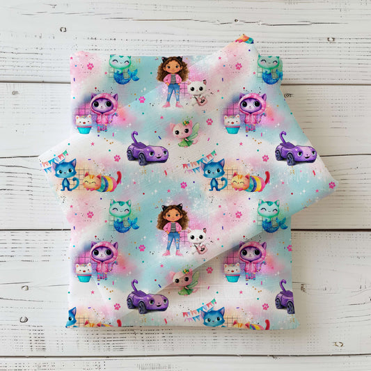 Kinderstoff mit bunten Katzen Cartoon Figuren und Mädchen Motiv, Jersey French Terry und Rib Jersey Stoff Meterware für Baby und Kinderkleidung mit farbenfrohen Tierillustrationen