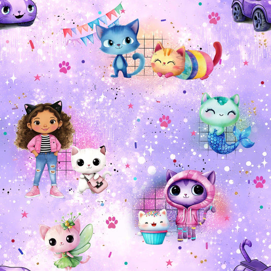 Kinderstoff mit bunten Katzen Cartoon Figuren und Mädchen Illustration auf lila Hintergrund, Jersey und French Terry Stoff Meterware für Baby und Kinderkleidung mit verspielten Tiermotiven