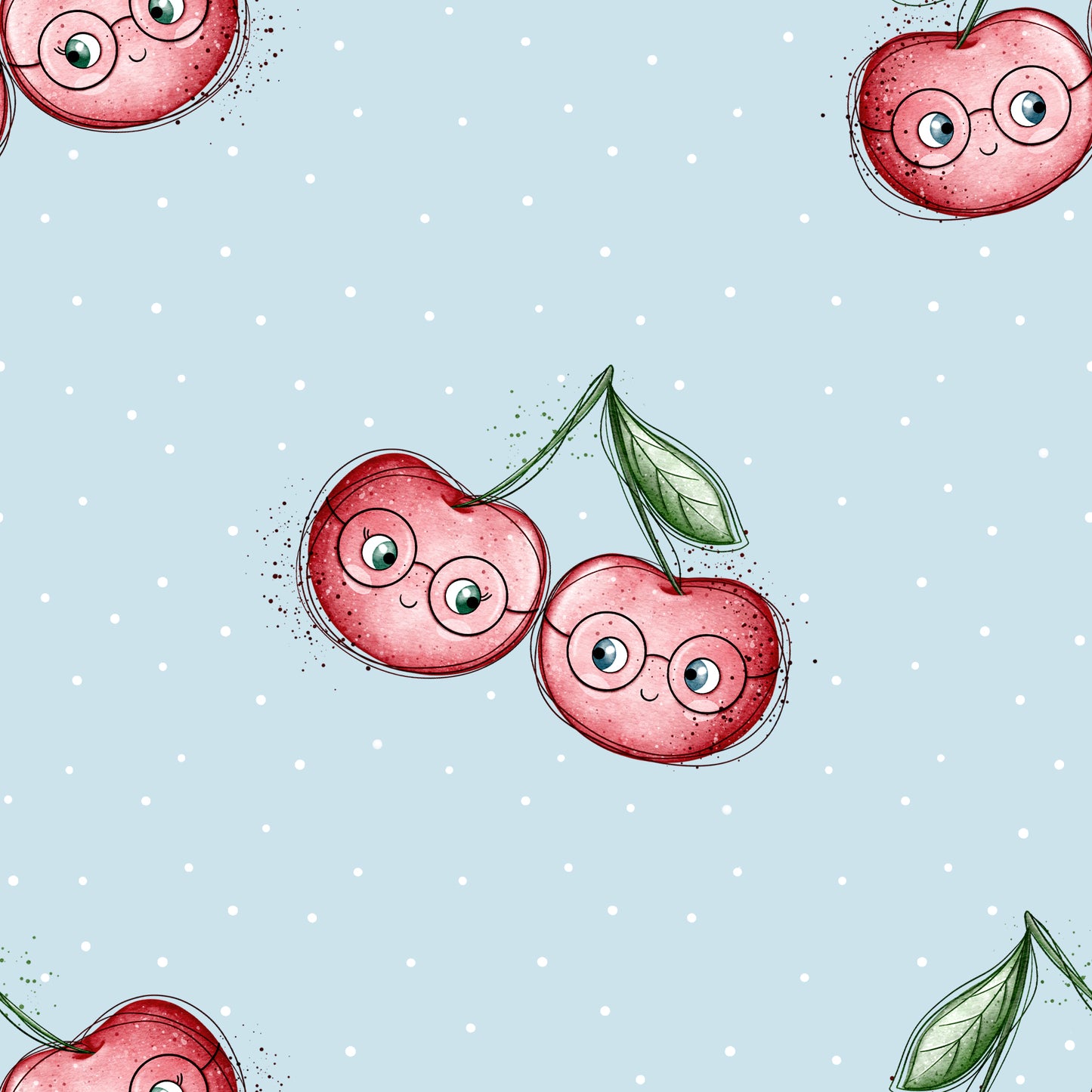 Kinderstoff mit süßen Kirschen im Kawaii-Stil mit Brille auf blauem Hintergrund, geeignet für Baby- und Kinderkleidung aus Jersey, French Terry und Rib Jersey Meterware
