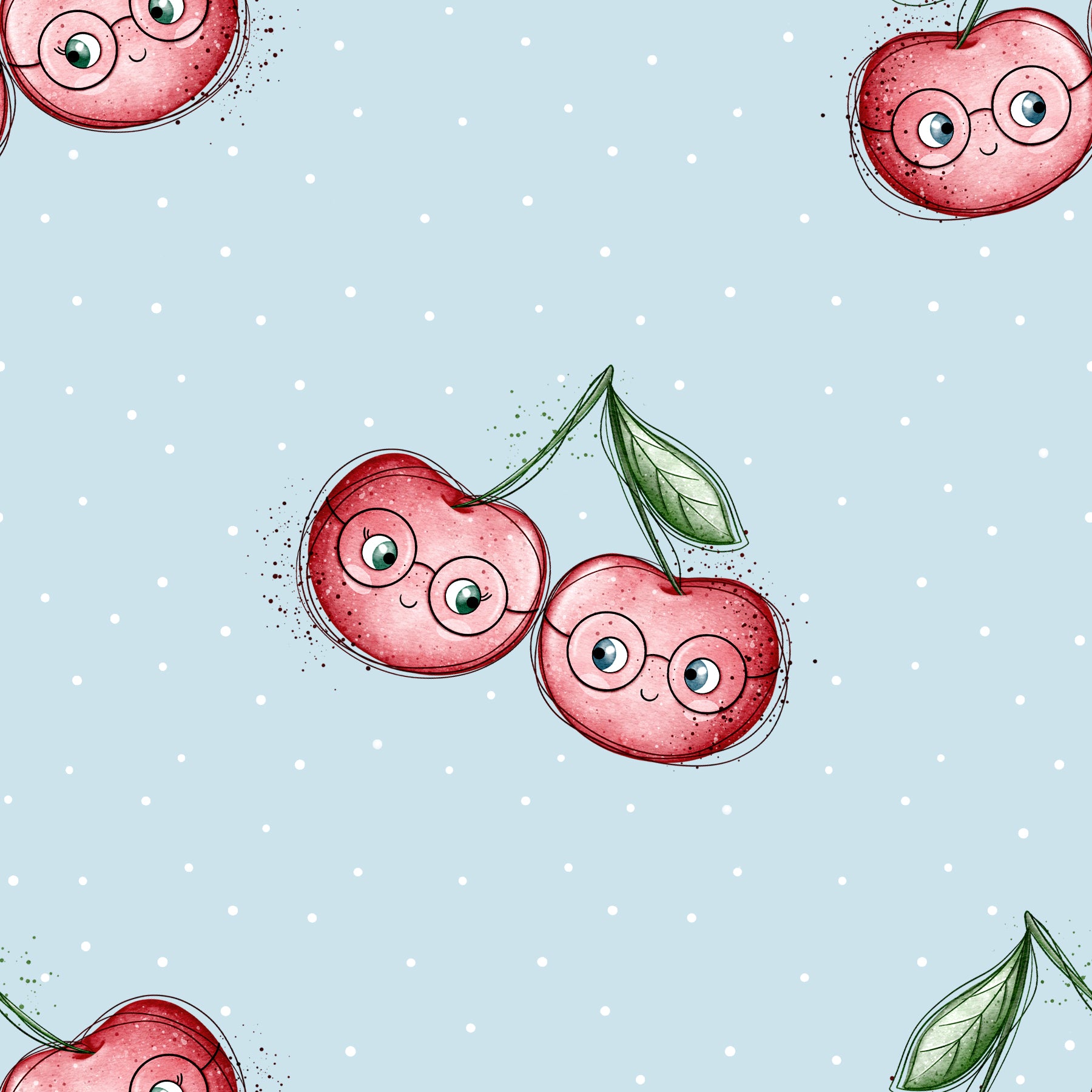 Kinderstoff mit süßen Kirschen im Kawaii-Stil mit Brille auf blauem Hintergrund, geeignet für Baby- und Kinderkleidung aus Jersey, French Terry und Rib Jersey Meterware