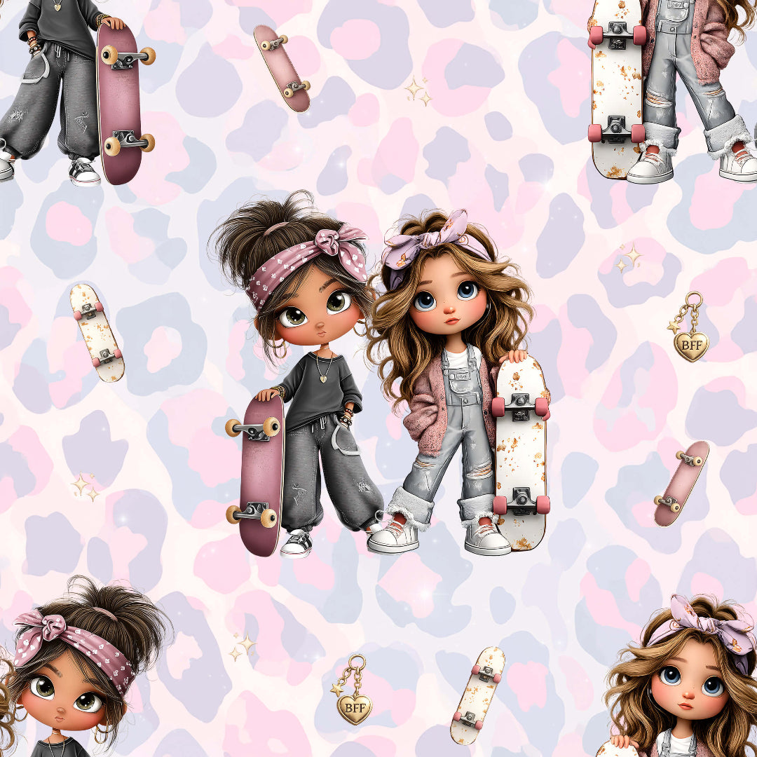 Kinderstoff mit zwei Skater Mädchen im BFF Look auf zartem Leo Hintergrund in Rosa und Grau, moderner Jersey Stoff als Meterware für coole Kinderkleidung und Teen Fashion Nähprojekte