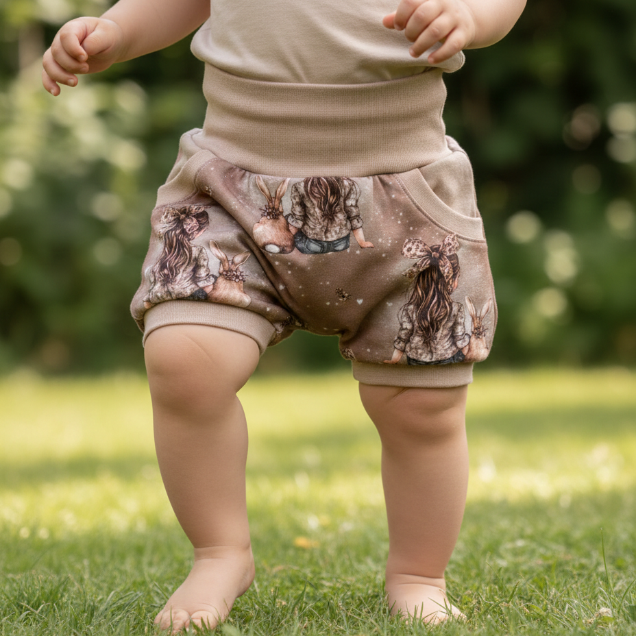 Tragebild Baby Shorts Jersey Mädchen Hase Motiv kurze Handmade Hose draußen