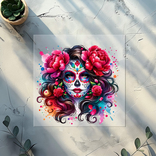 Farbenfrohes Glitzer Bügelbild Catrina mit roten Rosen im Día-de-los-Muertos-Stil