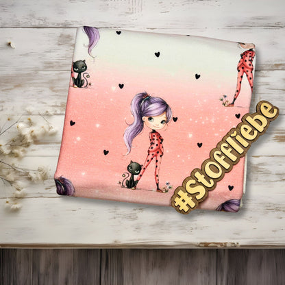 Ladybug Girl & Black Cat Stoff – Kinderstoff mit Mädchen & Katze – erhältlich als Jersey, Rib Jersey & French Terry Meterware