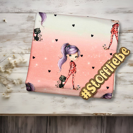 Ladybug Girl & Black Cat Stoff – Kinderstoff mit Mädchen & Katze – erhältlich als Jersey, Rib Jersey & French Terry Meterware