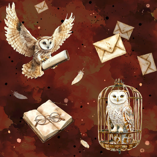 Magische Botschaft Stoffdesign mit Eule, Briefen und Federn auf braunem Hintergrund. Das sieht aus wie die Eule Hedwig von Herry Potter