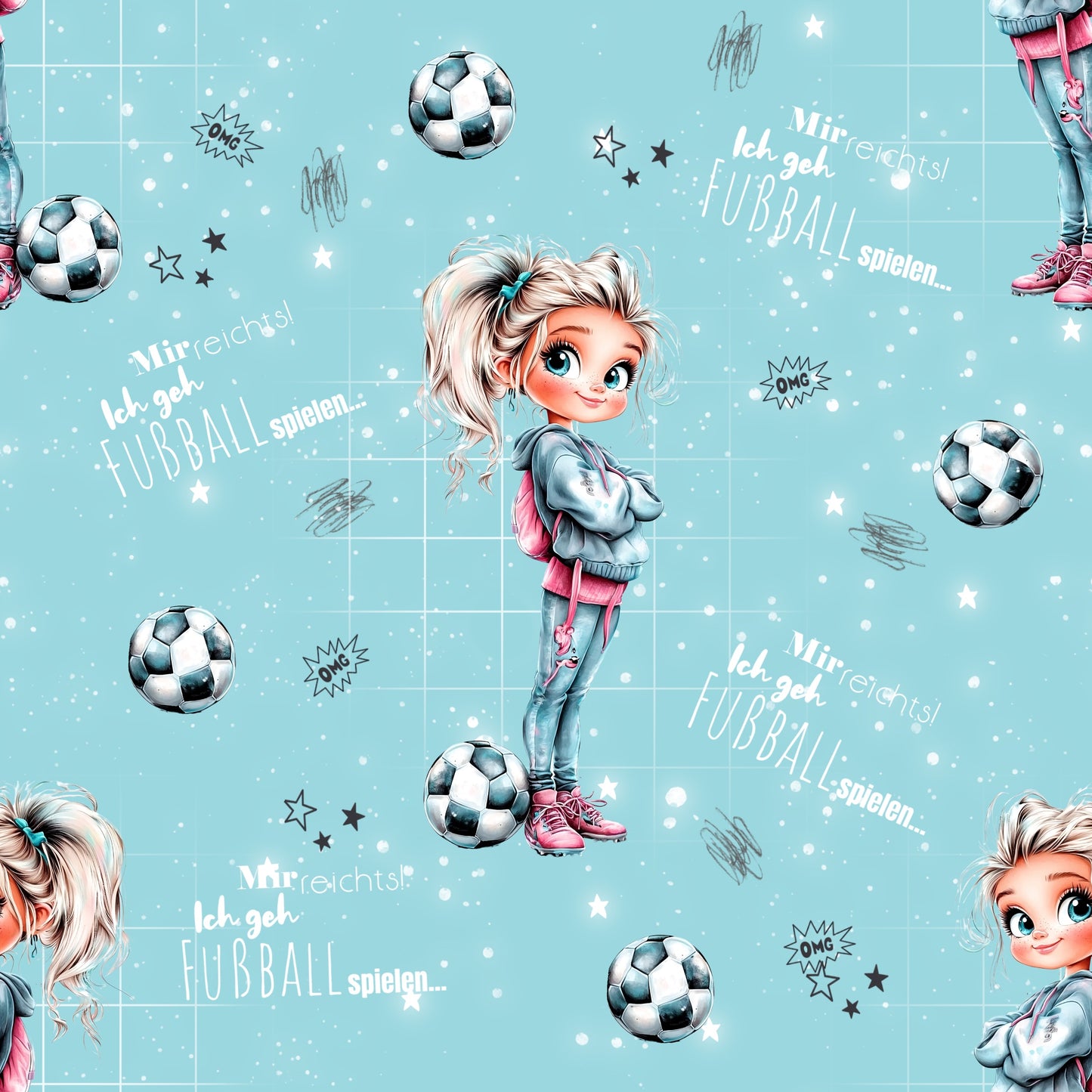 Mir reicht’s! Ich geh Fußball spielen Stoffdesign mit Fußballgirl auf türkisfarbenem Hintergrund