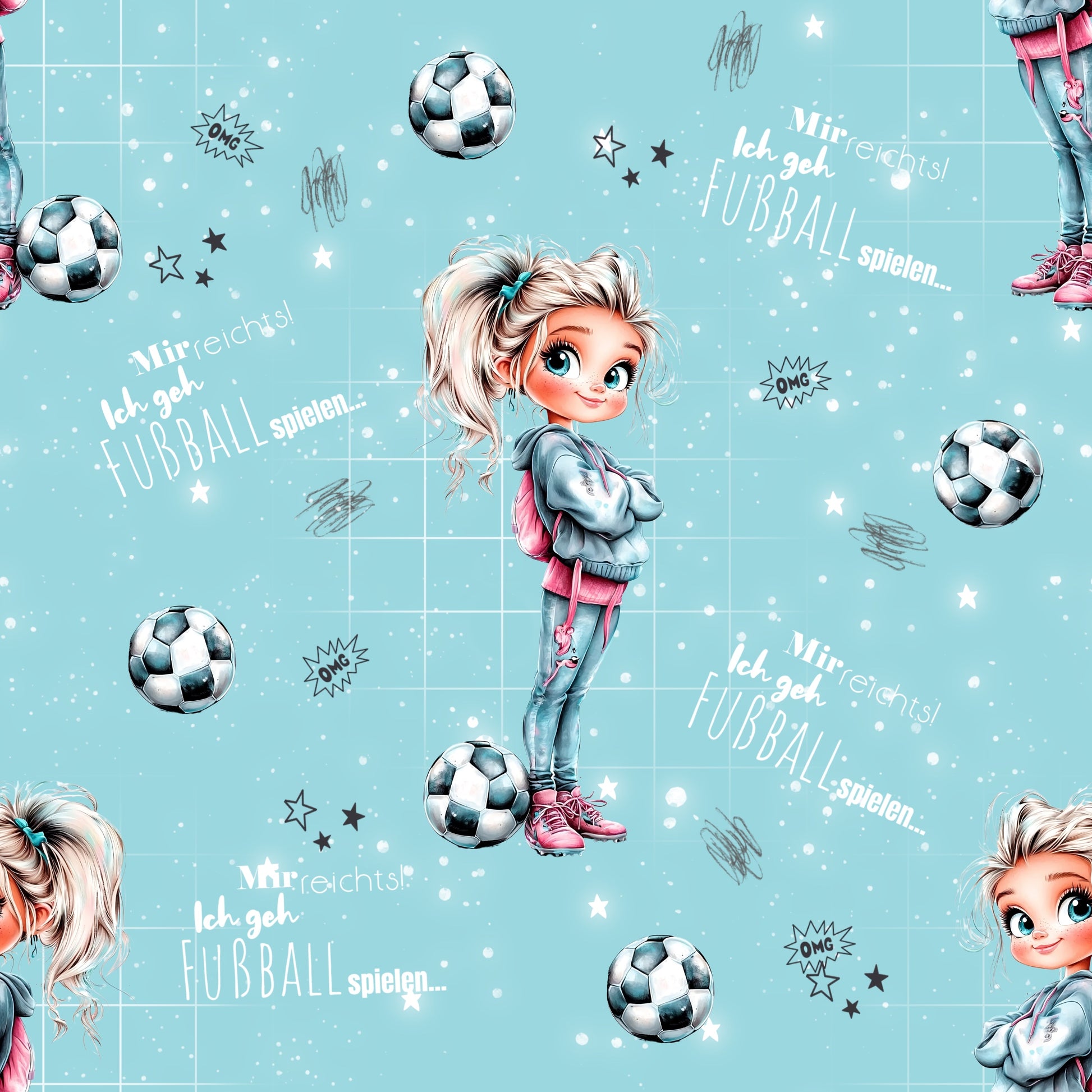Mir reicht’s! Ich geh Fußball spielen Stoffdesign mit Fußballgirl auf türkisfarbenem Hintergrund