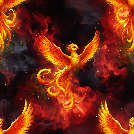 Mystischer Phönix Stoff mit leuchtendem Feuervogel auf dunklem Hintergrund – hochwertiger Jersey und French Terry als Meterware für besondere Nähprojekte