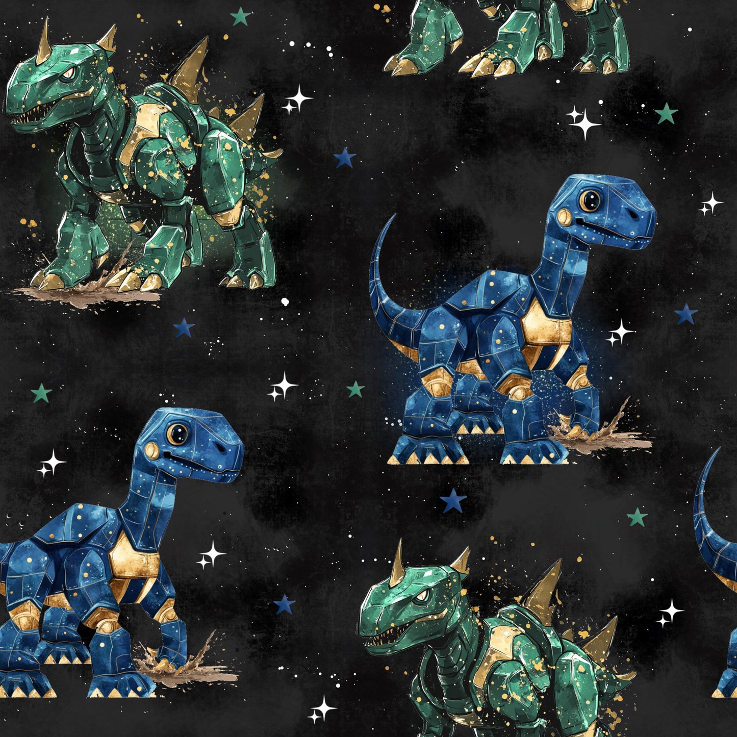 „Robo Dinos Stoff – dunkler Stoff mit blauen und grünen Roboter-Dinosauriern und Sternen – French Terry oder Jersey Meterware für Kinderkleidung“