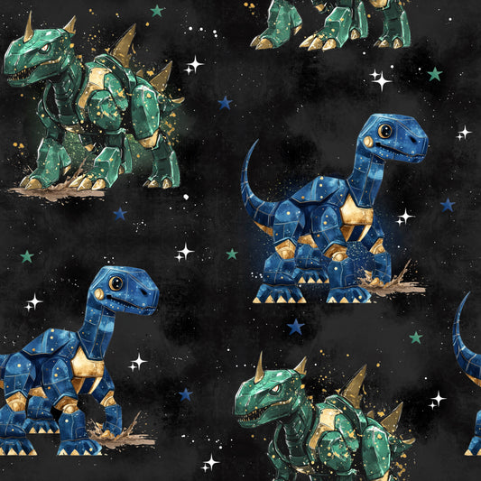 „Robo Dinos Stoff – dunkler Stoff mit blauen und grünen Roboter-Dinosauriern und Sternen – French Terry oder Jersey Meterware für Kinderkleidung“