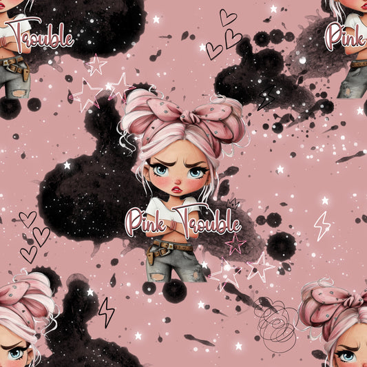 Stoffdesign „Pink Trouble“ in Rosa mit rebellischem Mädchen, schwarzen Splash-Effekten, Sternen und Herzen, erhältlich als Jersey, French Terry & Rib.