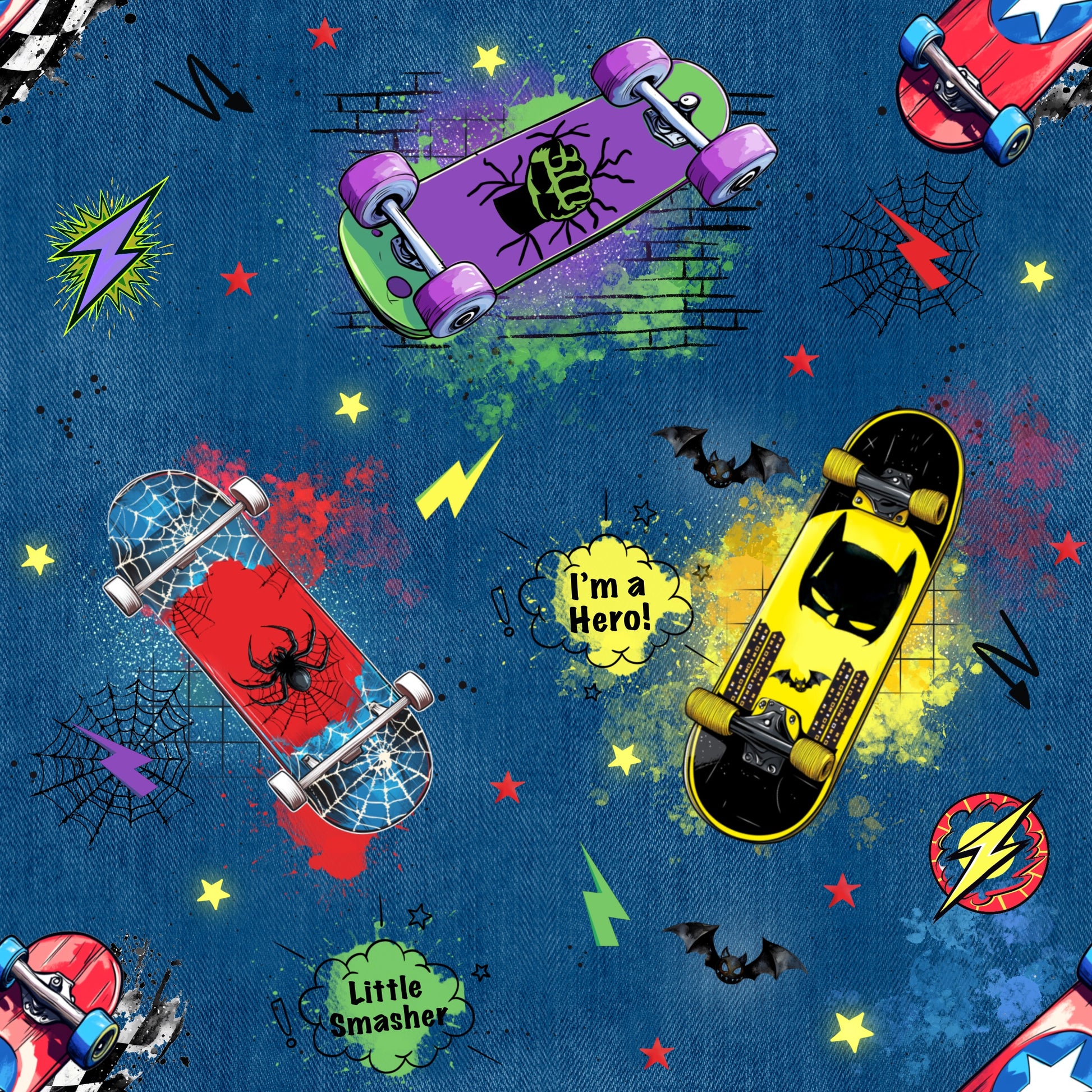 Hero Boards Stoffdesign – blauer Stoff mit Skateboards, Comic-Symbolen & Superhelden-Details – Jersey oder French Terry Meterware für Kinderkleidung