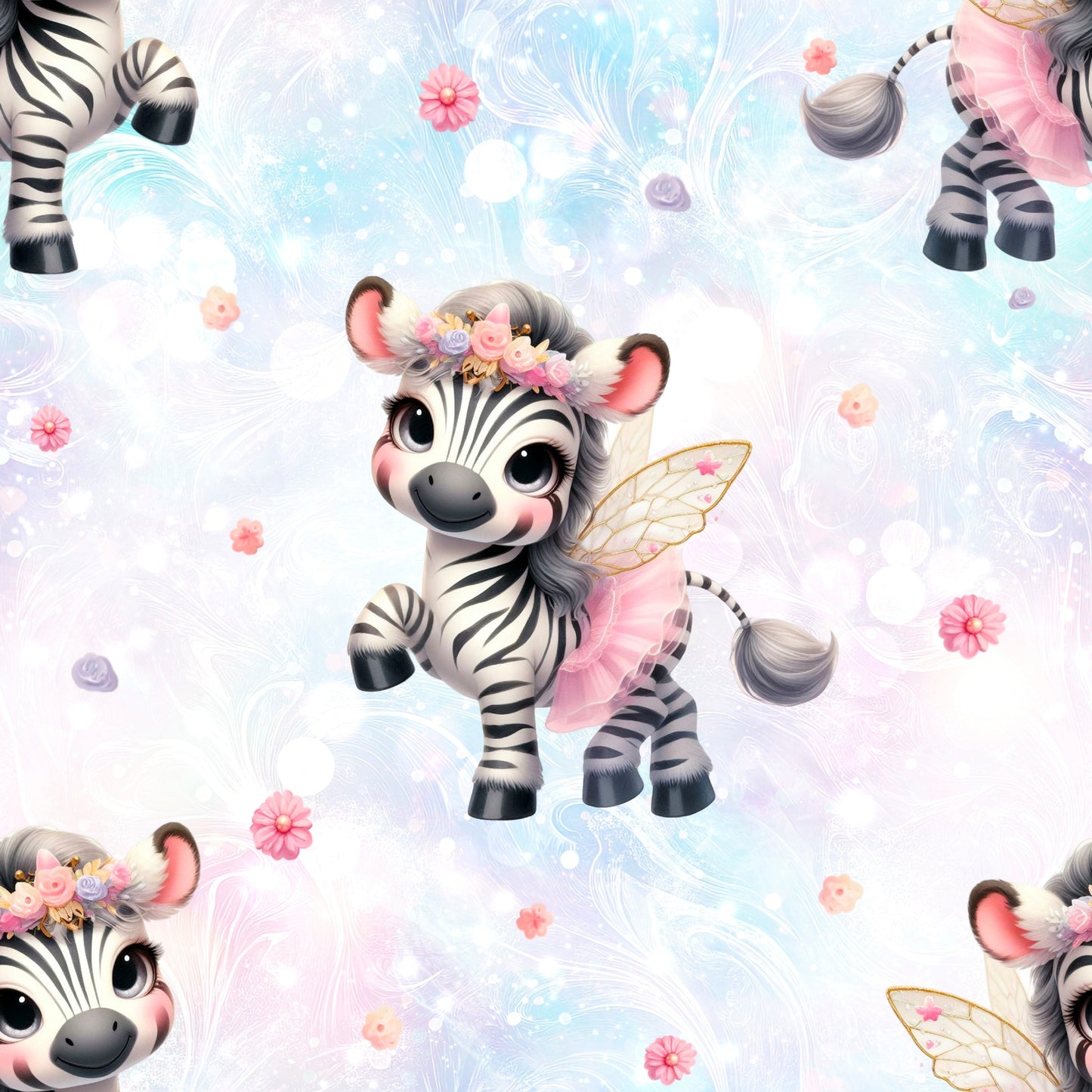 Zebra mit Blumenkranz und Feenflügeln auf pastelligem Hintergrund, märchenhaftes Stoffdesign „Zebra Fee“, erhältlich als Jersey, French Terry und Rib Jersey.
